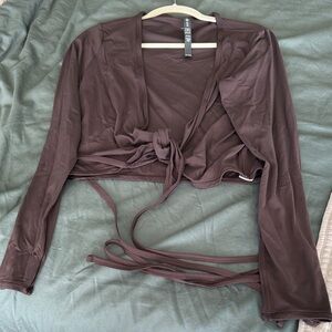 Vuori Brown Long-Sleeve Wrap Crop Top